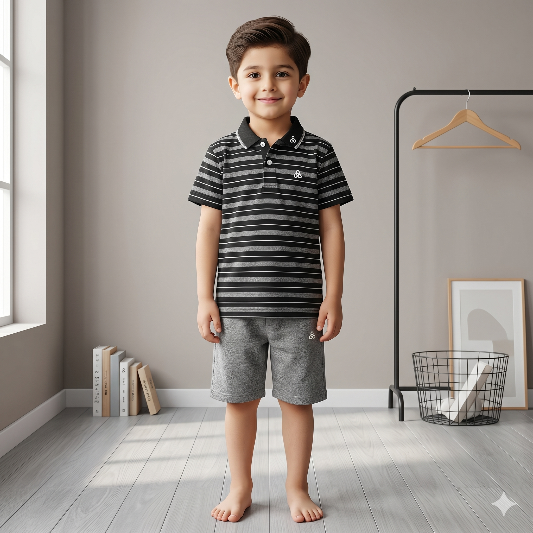Boys Premium Polo Summer Co-Ord Set – Black & Grey