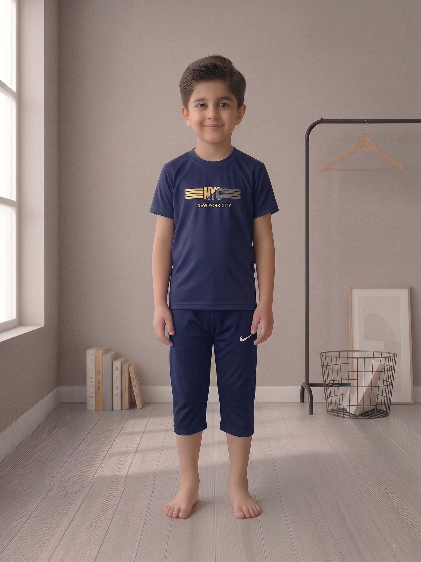 Child wearing a navy blue t-shirt and shorts with 'New York City' text in a room.
