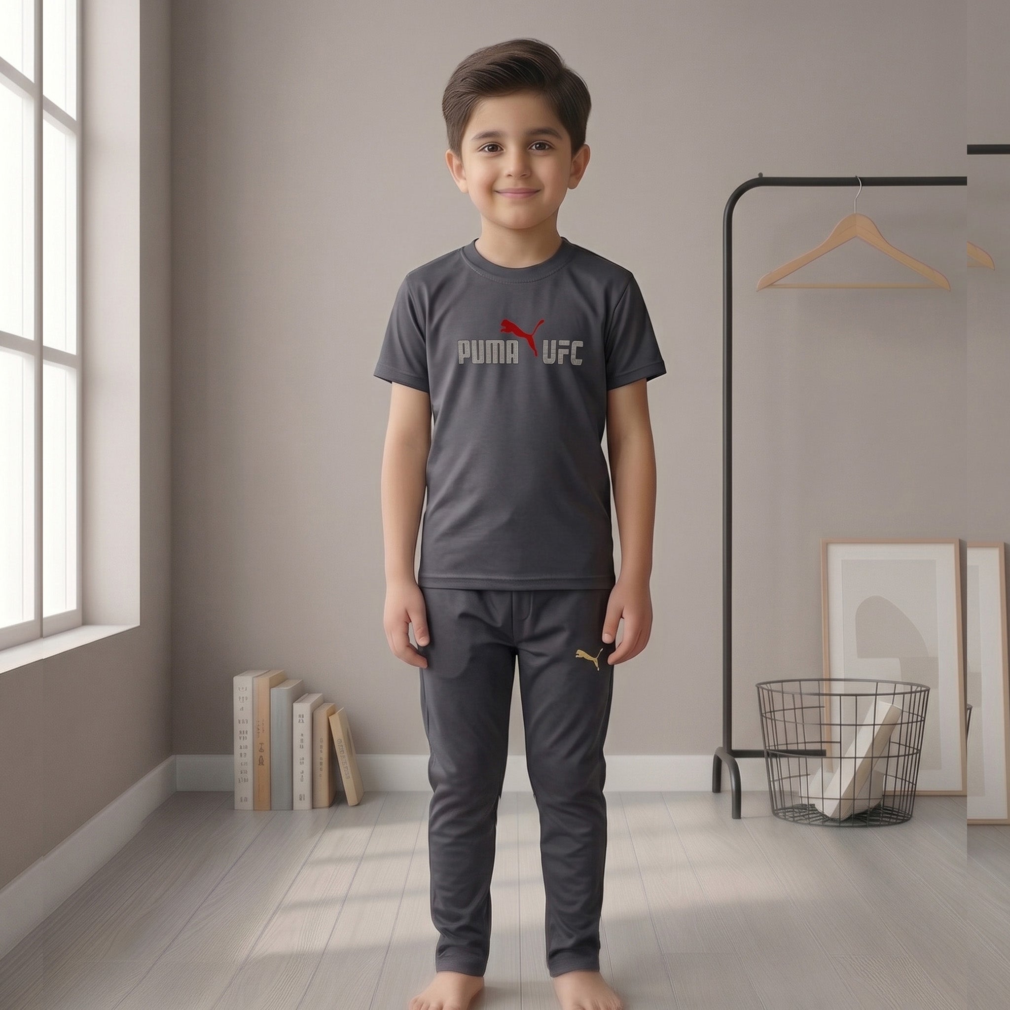 Boys Premium Charcoal Grey Sports Tracksuit – 2 Piece Full Sleeve