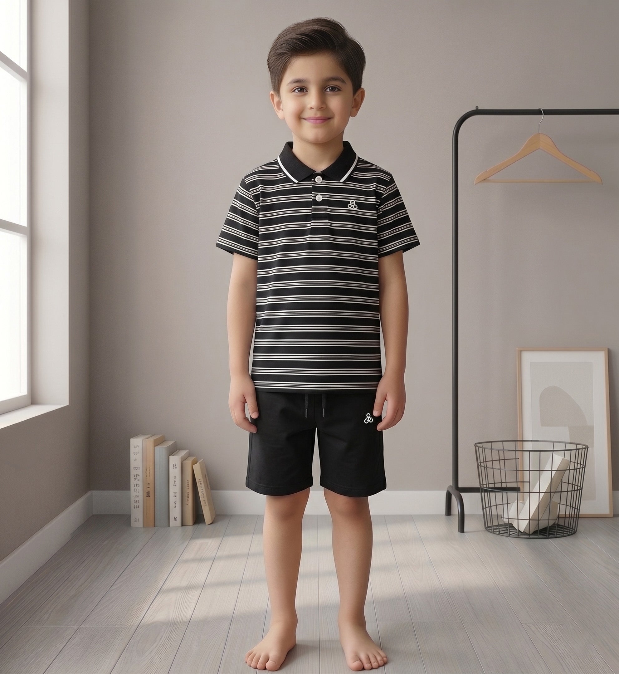 Boys Black Striped Polo Shirt & Shorts Set – Premium 2 Piece Summer Outfit