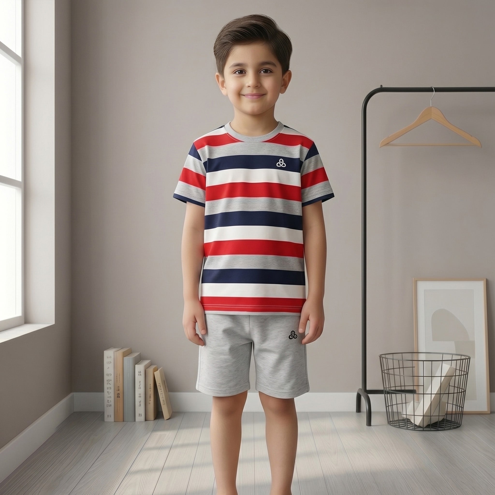 Boys Red & Navy Striped T-Shirt & Shorts Set – Premium 2 Piece Summer Outfit