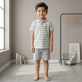Boys Light Grey Striped Polo Shirt & Shorts Set – Premium 2 Piece Summer Outfit