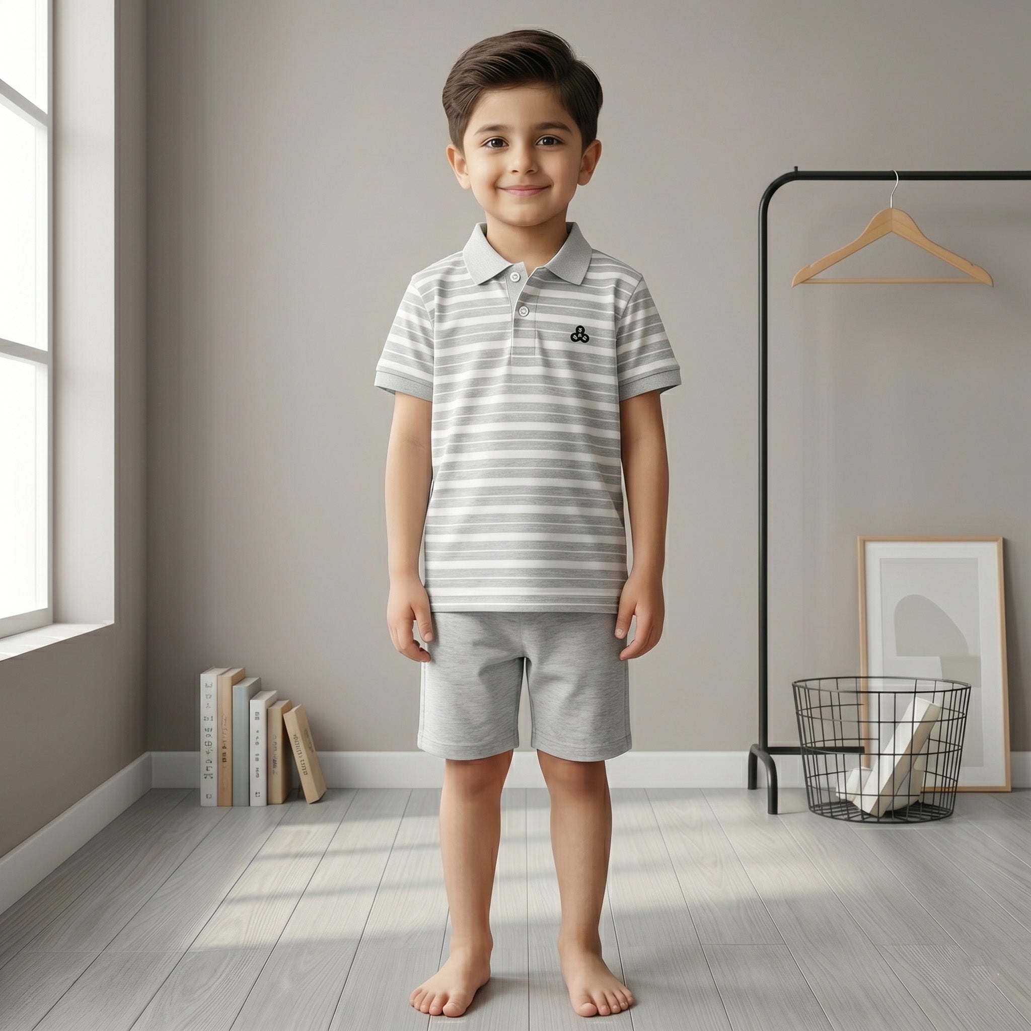 Boys Light Grey Striped Polo Shirt & Shorts Set – Premium 2 Piece Summer Outfit