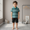 Boys Teal Striped Polo Shirt & Black Shorts Set – Premium 2 Piece Summer Outfit