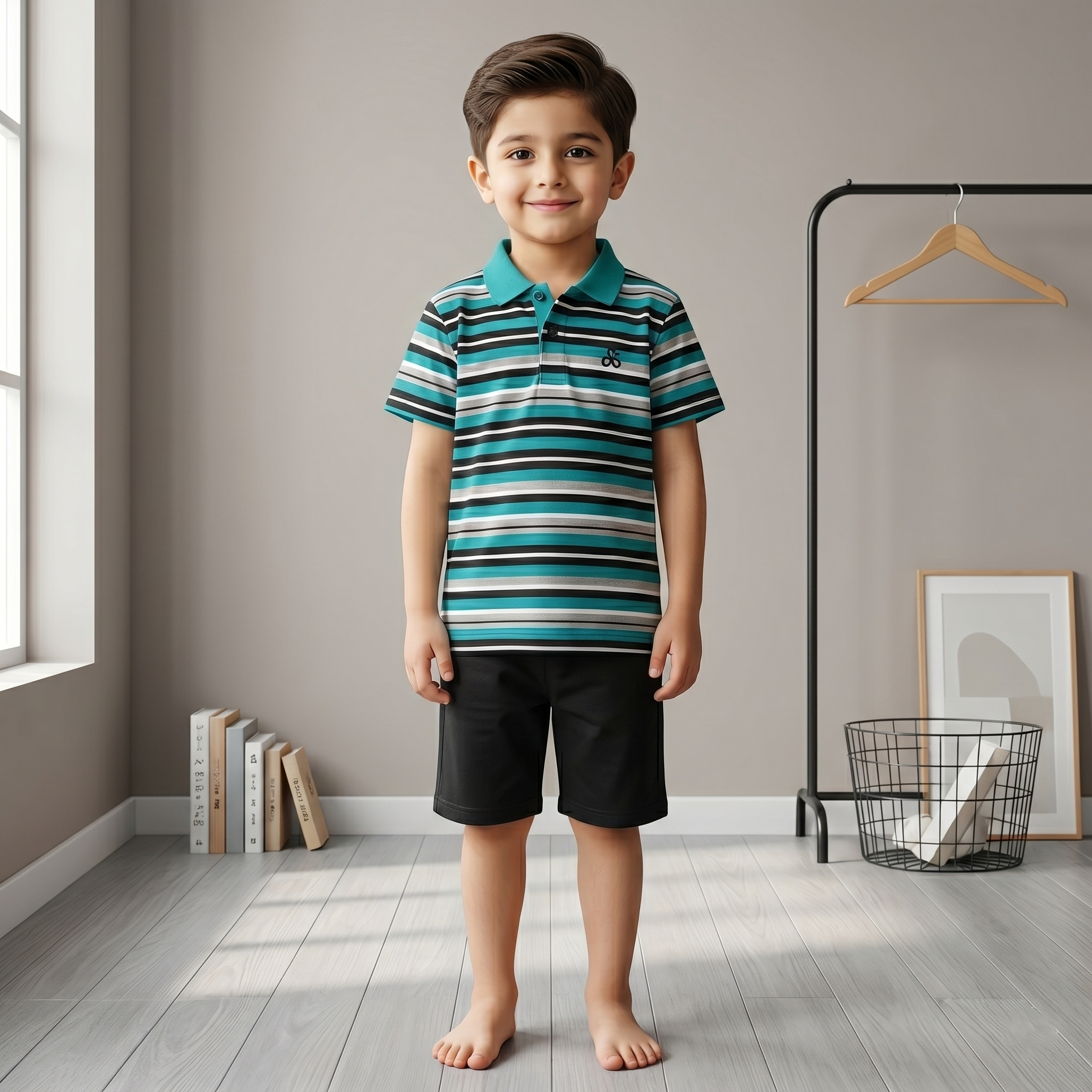 Boys Teal Striped Polo Shirt & Black Shorts Set – Premium 2 Piece Summer Outfit