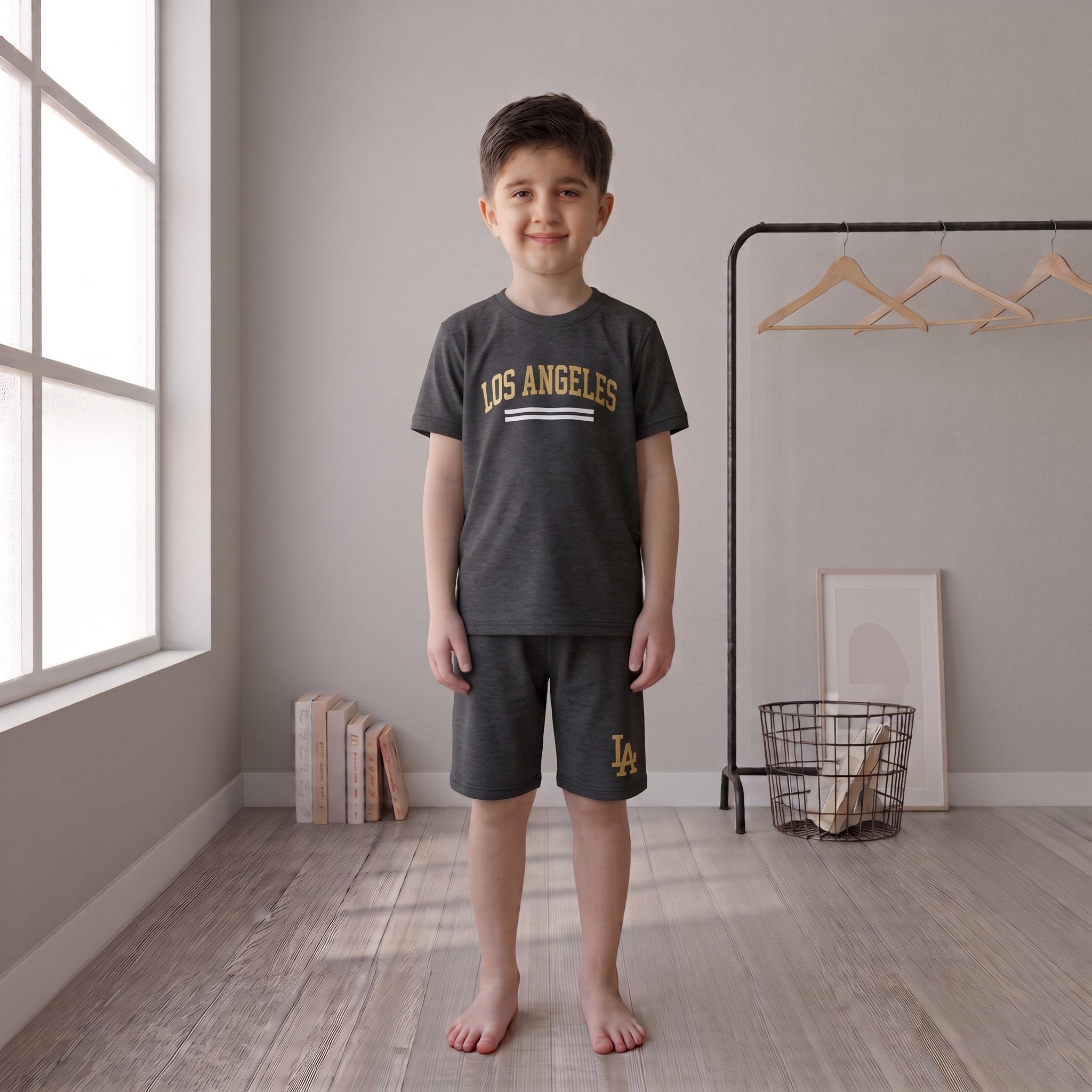 Boys Los Angeles Summer Co-Ord Set – Charcoal Grey 2 Piece